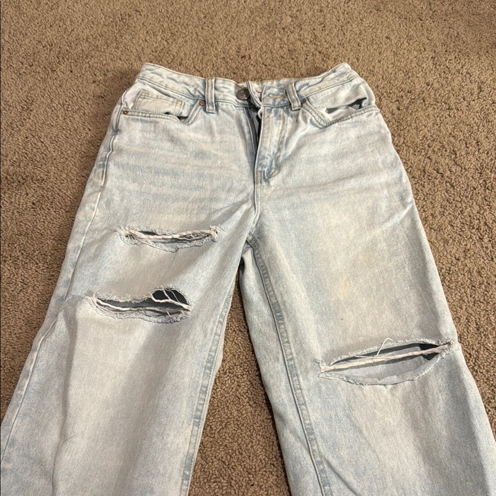 Refuge Blue Flare Wide Leg Jeans with Distressed Details